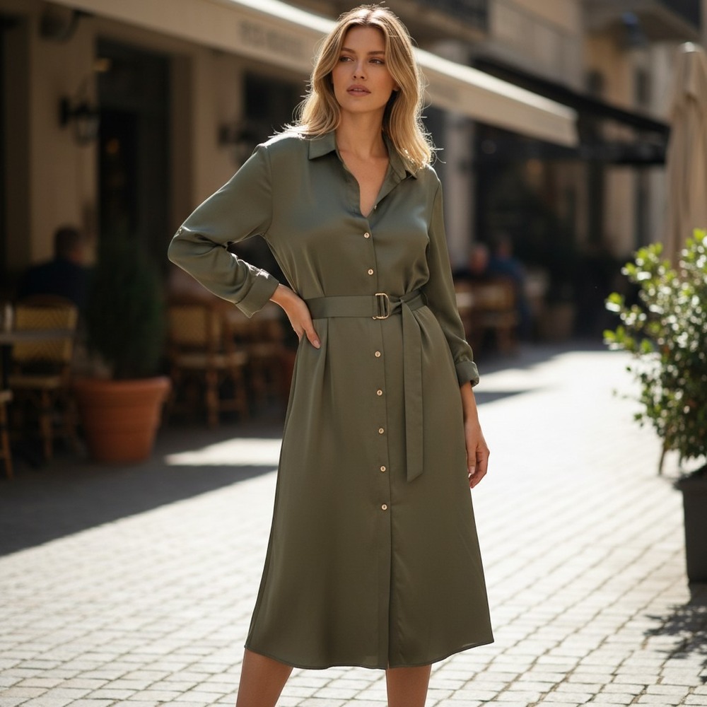 French Connection Women's Long Shirt Dress Size Large Olive